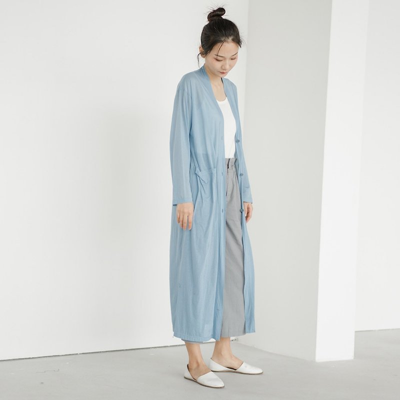 BUFU cotton long ltrathin shirt  O190127 - เสื้อเชิ้ตผู้หญิง - ผ้าฝ้าย/ผ้าลินิน สีน้ำเงิน