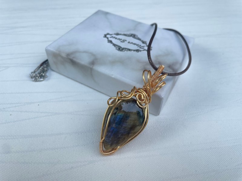 220732 wire wrapping 拉長石 銅線 繞線 吊墮 - 項鍊 - 銅/黃銅 藍色