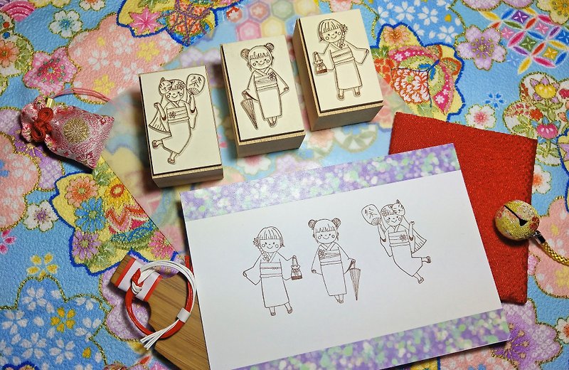 【Log Stamp】Summer Fireworks Yukata Girl Group-C - Stamps & Stamp Pads - Wood Multicolor