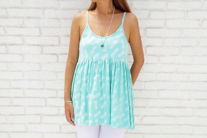 Pineapple print camisole tops <Aqua> - เสื้อผู้หญิง - วัสดุอื่นๆ สีน้ำเงิน