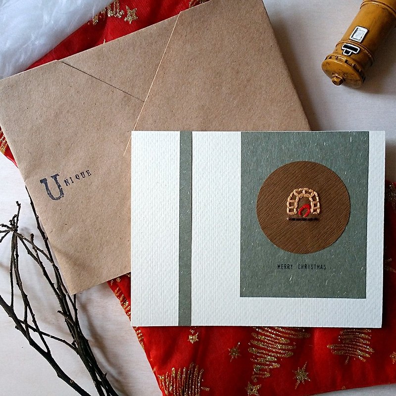 手縫圖像聖誕卡(火爐)(原稿) - 心意卡/卡片 - 紙 多色