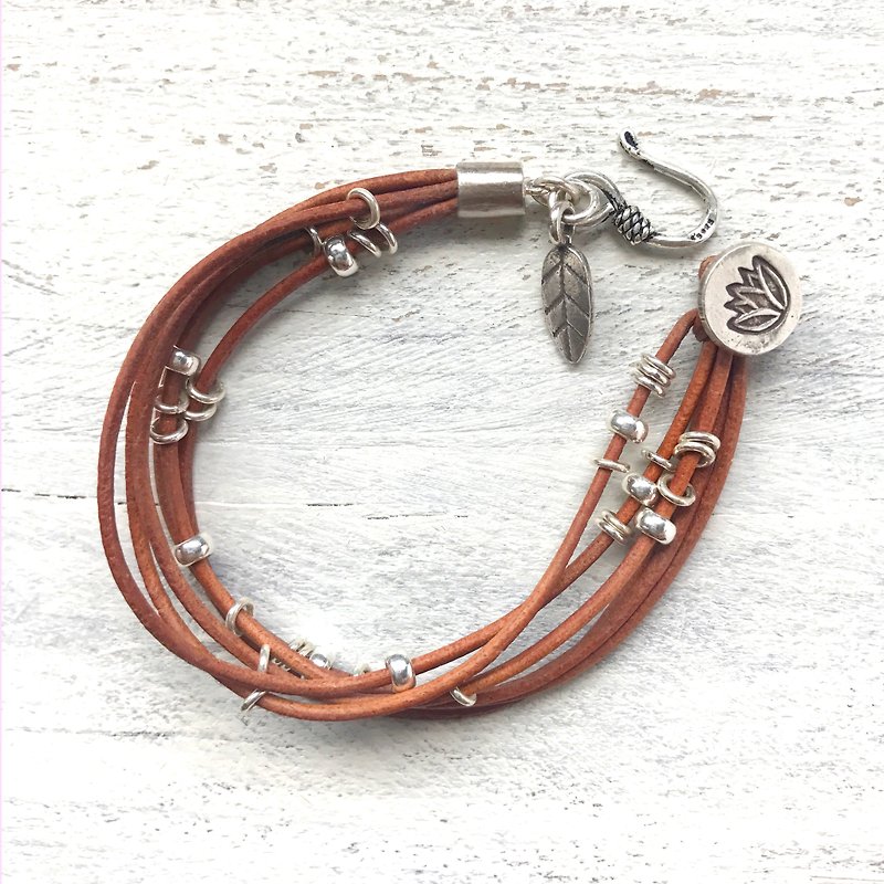 Leather & Silver Series Sterling Silver / Leather Bracelet Customized items - Bracelets - Genuine Leather Brown