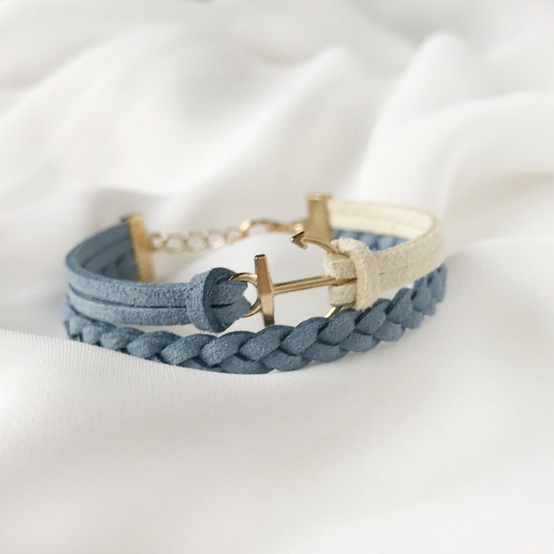 Handmade Double Braided Anchor Bracelets Rose Gold Series-light blue with yellow - สร้อยข้อมือ - วัสดุอื่นๆ สีน้ำเงิน