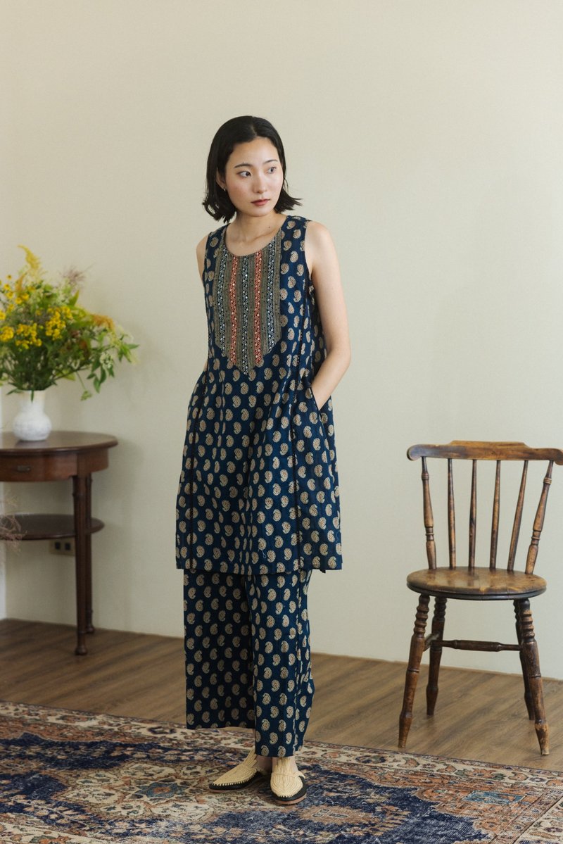 套裝_無袖後綁帶庫塔/寬褲_藍 - 女長褲 - 棉．麻 藍色