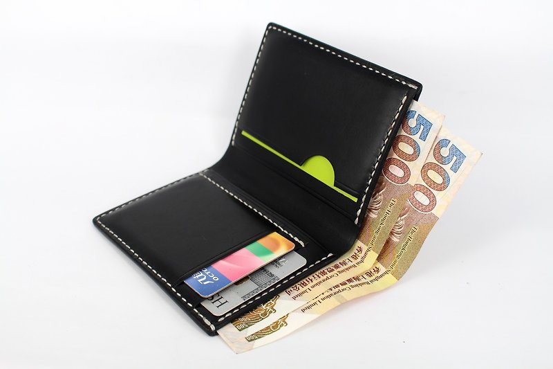 MOOS black vegetable tanned cow leather hand-stitched business simple short wallet short wealth cloth - กระเป๋าสตางค์ - หนังแท้ สีดำ