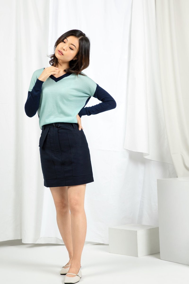 高級羊絨雙面拼色毛衣 cashmere - 深藍淺藍 香港品牌 環保時尚 - 女上衣/長袖上衣 - 羊毛 藍色