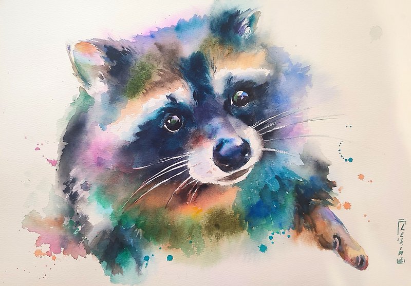 其他材質 壁貼/牆壁裝飾 - Raccoon Watercolor Painting Colorful Animal Art Raccoon Illustration Original