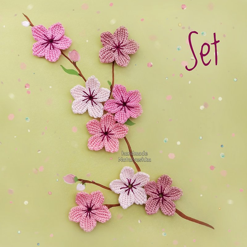 Pink Cherry blossoms, Set of 8 flowers, Sakura flowers appliques, Spring flowers - Other - Cotton & Hemp Pink