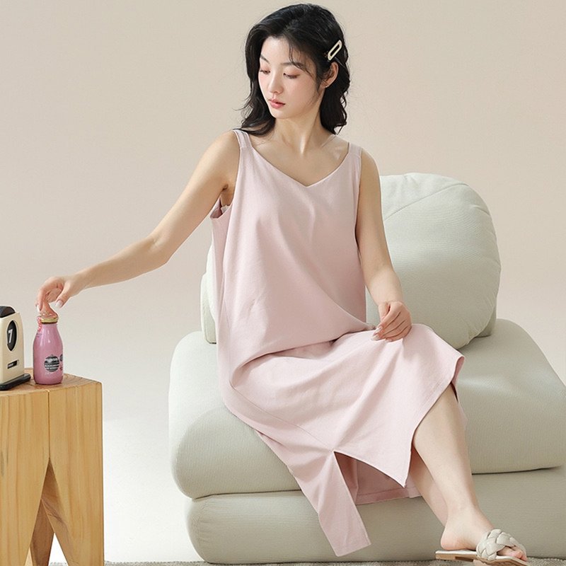 Pink Lady cup-style cotton modal nightgown with floral green bush sleeveless one-piece pajamas for home wear - ชุดนอน/ชุดอยู่บ้าน - ไฟเบอร์อื่นๆ สึชมพู