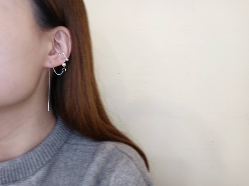 earring. Pearl / red Stone/ Lapis / tourmaline fine ear bone clip chain pin unilateral - Earrings & Clip-ons - Pearl White
