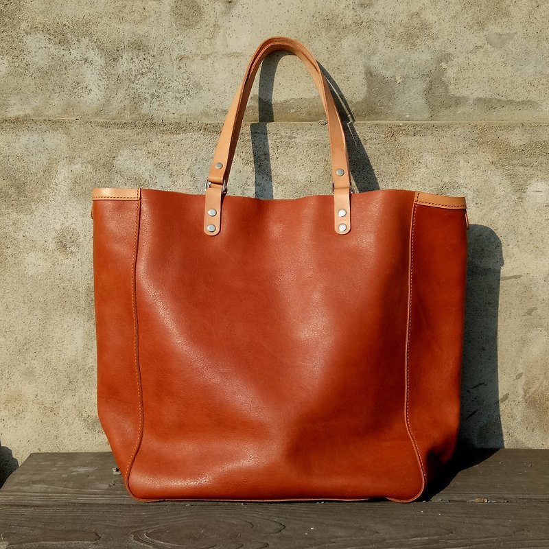 Orange Tote large bag (hand-stitched / full leather) - Messenger Bags & Sling Bags - Genuine Leather Orange