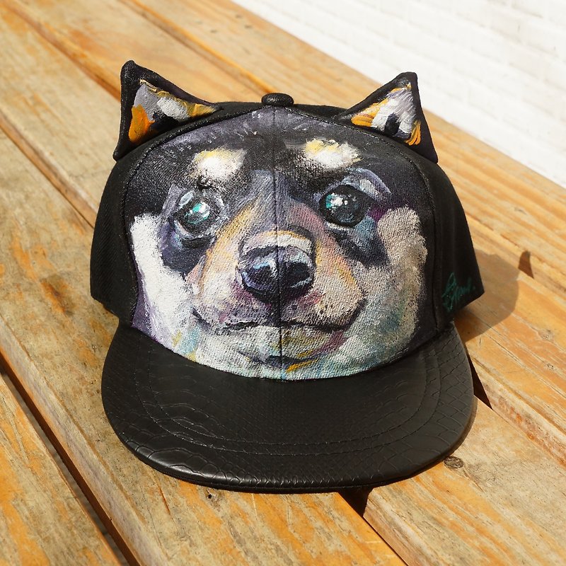 Hand-painted cat ear cap <dull black wood> - Hats & Caps - Polyester Black