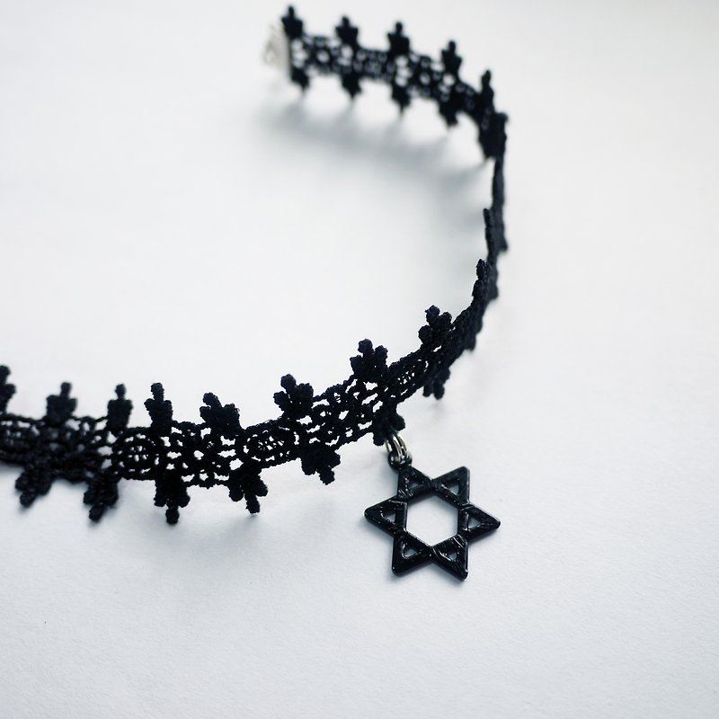 Star jet black necklace + bracelet group. Panna Cotta hexagram [] - สร้อยคอทรง Collar - ผ้าไหม สีดำ