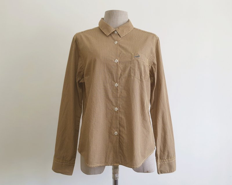 Small Vintage CROCODILE Brown Yellow Plaid Shirt Womens Long Sleeve Cotton Top S - 女上衣/長袖上衣 - 棉．麻 咖啡色