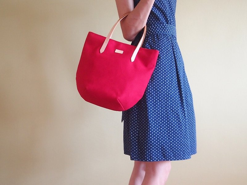 Red Petite Canvas Tote Bag with Leather Strap for her - Weekend Chic Casual Tote - Handbags & Totes - Cotton & Hemp Red