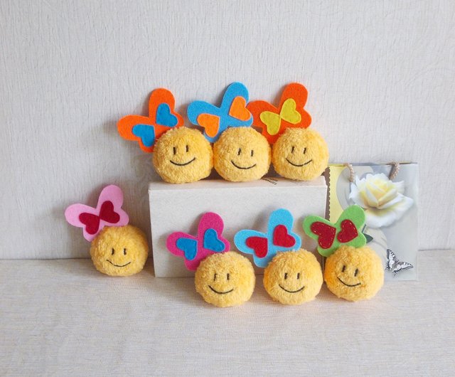 Set of 7 yellow Smiley tiny plush toy with Butterflies-bows - Shop