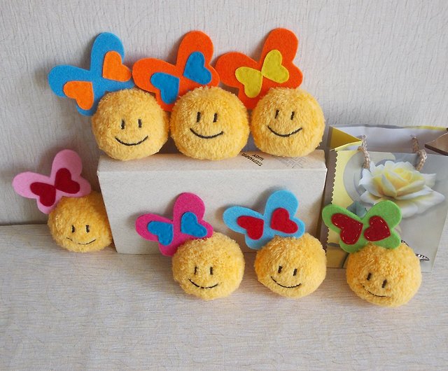 Set of 7 yellow Smiley tiny plush toy with Butterflies-bows - Shop