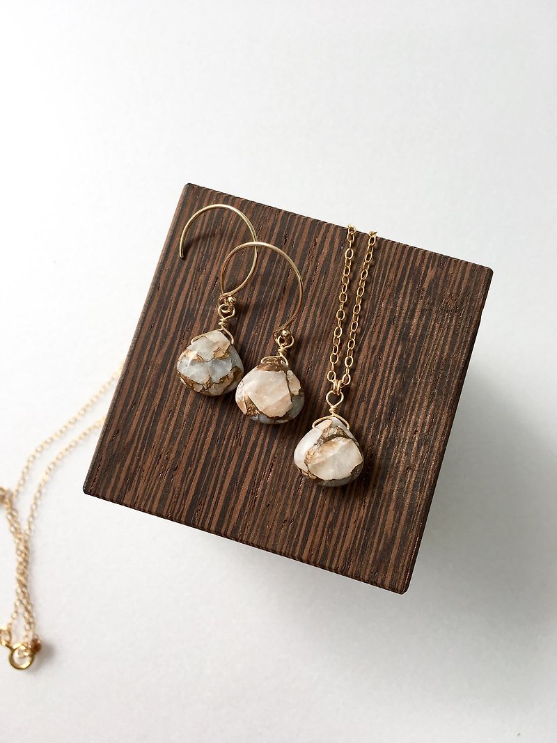 Copper  Calcite Necklace and Hook-earring 14kgf, set-up - 項鍊 - 石頭 金色