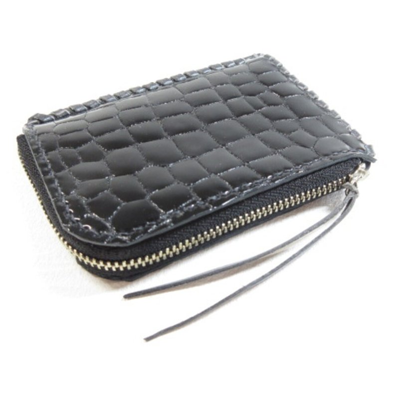 Enamel, slim type, zipper, coin case, embossed crocodile, 0024 - กระเป๋าใส่เหรียญ - หนังแท้ สีดำ