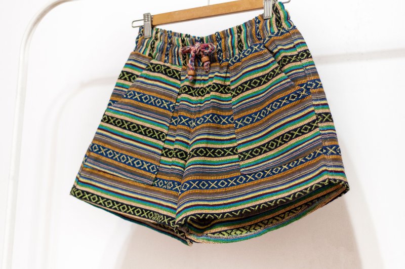 Women's ethnic style knitted shorts stitching cotton knitted shorts-South America Machu Picchu rainbow contrast color - กางเกงขาสั้น - ผ้าฝ้าย/ผ้าลินิน หลากหลายสี