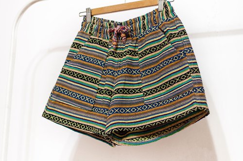 omhandmade 女裝民族風針織短褲 拼接棉質針織短褲-南美洲馬丘比丘彩虹對比色