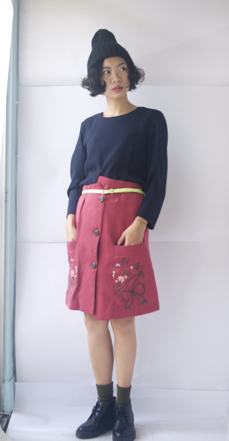 4.5studio- [Re;] - resyle transformation vintage - MEI large pockets embroidered a skirt - กระโปรง - เส้นใยสังเคราะห์ สึชมพู