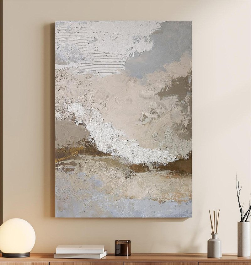 Abstract Blue Gray Canvas Art | Acrylic Painting Blue Beige Abstract | Fjord 2 - 壁貼/牆壁裝飾 - 棉．麻 藍色