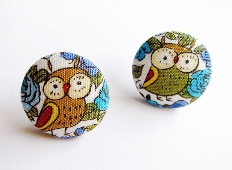 Cloth buckle earrings, blue owls can be used as clip earrings - ต่างหู - ผ้าฝ้าย/ผ้าลินิน สีน้ำเงิน