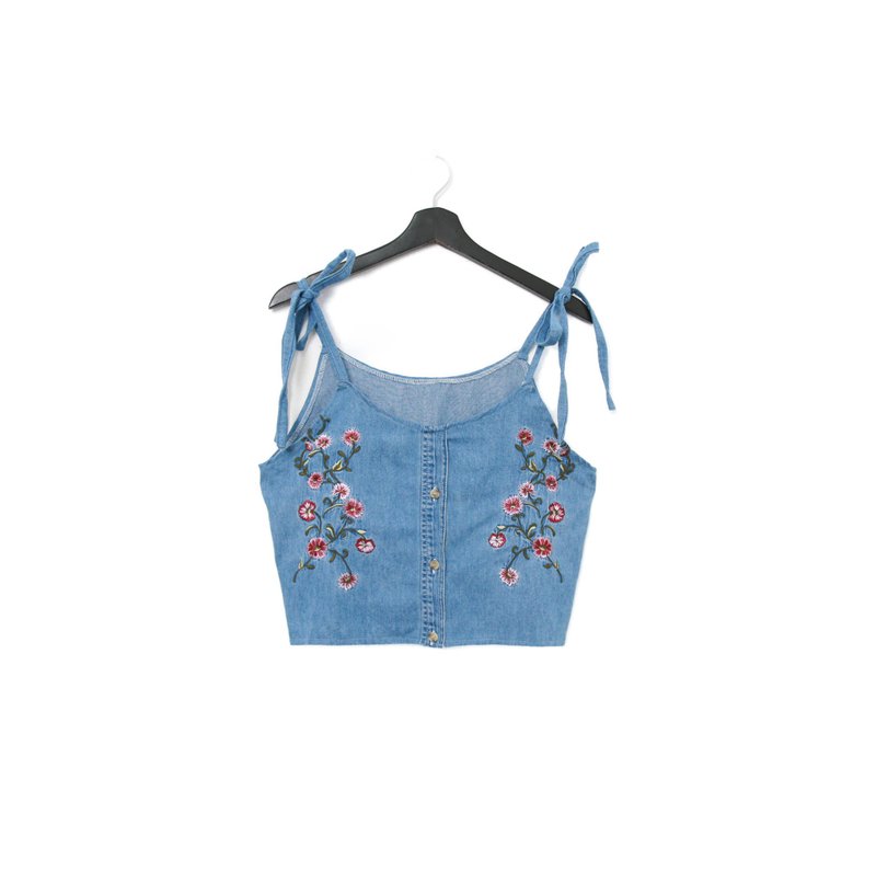 Back to Green-再製綁帶丹寧刺繡 紅白色花瓣 dv-07 vintage - 背心/無袖上衣 - 棉．麻 