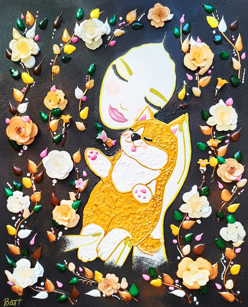 Woman & Shiba Inu. Summer floral dog mom with puppy. Funny pet portrait painting - ตกแต่งผนัง - อะคริลิค สีดำ