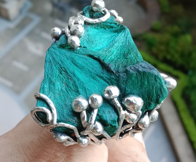 孔雀石原礦手工銀戒純銀戒指~丘~Malachite Mineral Silver Ring - 設計