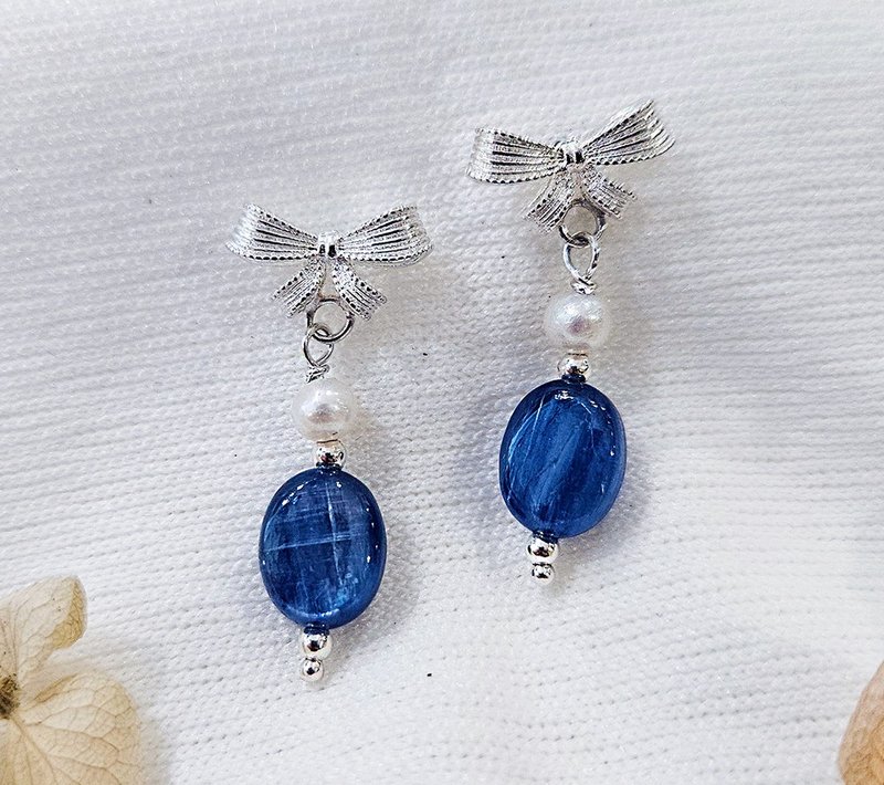 Bow Stone Pearl Earrings - ต่างหู - เงิน สีเงิน