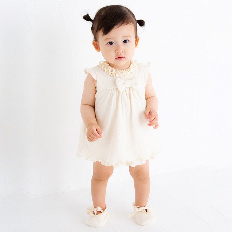 Y-1325 100%オーガニックコットン フリル and リボンチュニック 日本製 - 女童洋裝/裙子 - 棉．麻 白色