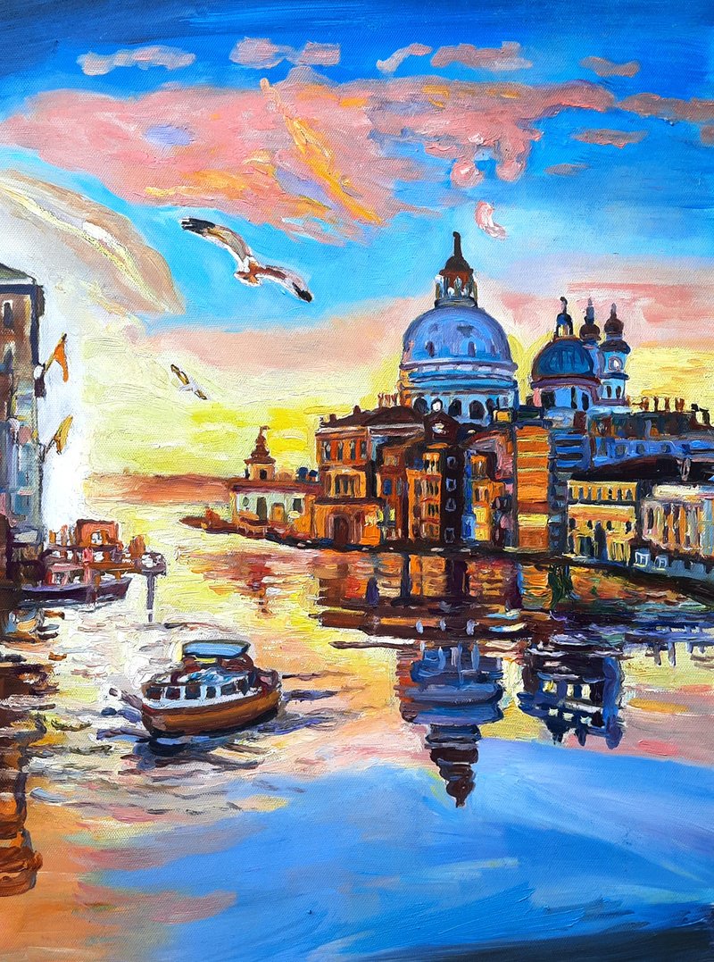 Sunset Art Italy Painting  Original Art  Oil Painting  Wall Decor Oil On Canvas - ตกแต่งผนัง - วัสดุอื่นๆ สีน้ำเงิน