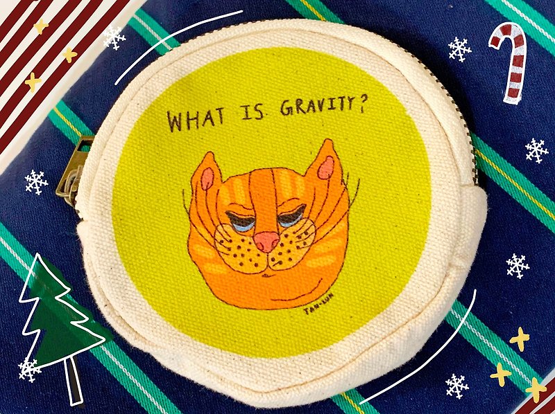 [Canvas Series] What Is Gravity Cool Cat Round Coin Card Case - กระเป๋าใส่เหรียญ - ผ้าฝ้าย/ผ้าลินิน สีเขียว