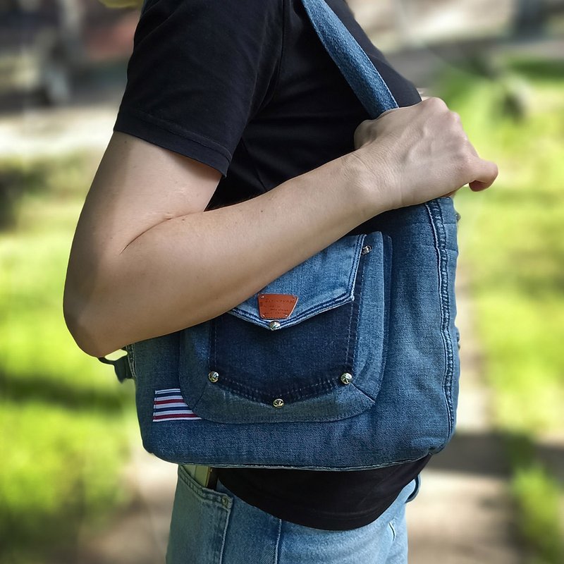 Compact twosided Handmade denim bag for everyday,Denim bag-tote with side pocket - Handbags & Totes - Cotton & Hemp Blue