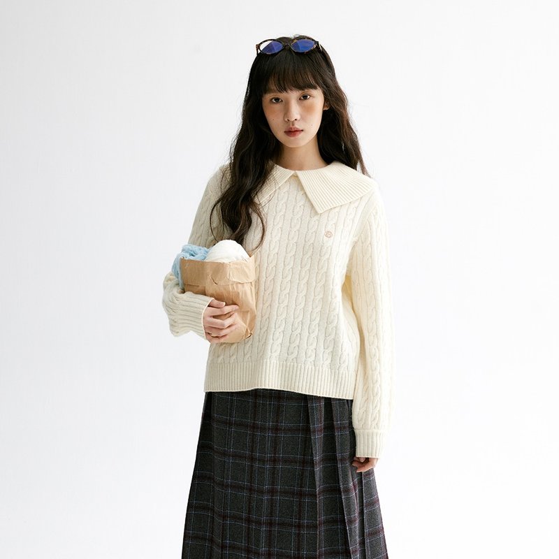 Lapel cable sweater | Knitted sweater | Two colors | Autumn and winter | Sora-1677 - สเวตเตอร์ผู้หญิง - ขนแกะ หลากหลายสี