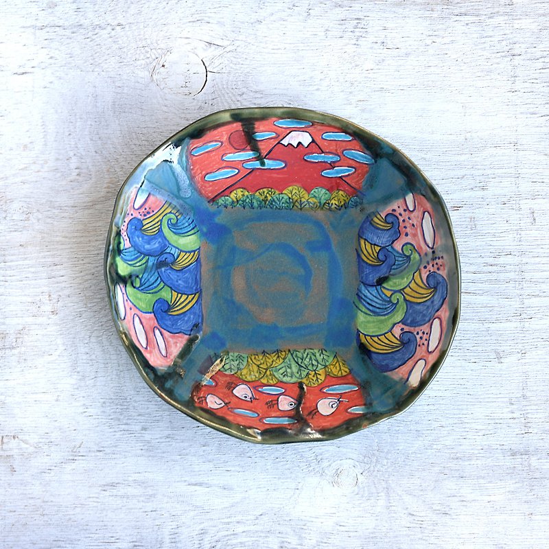 赤富士と波千鳥と波模様の深皿 - 皿・プレート - 陶器 多色
