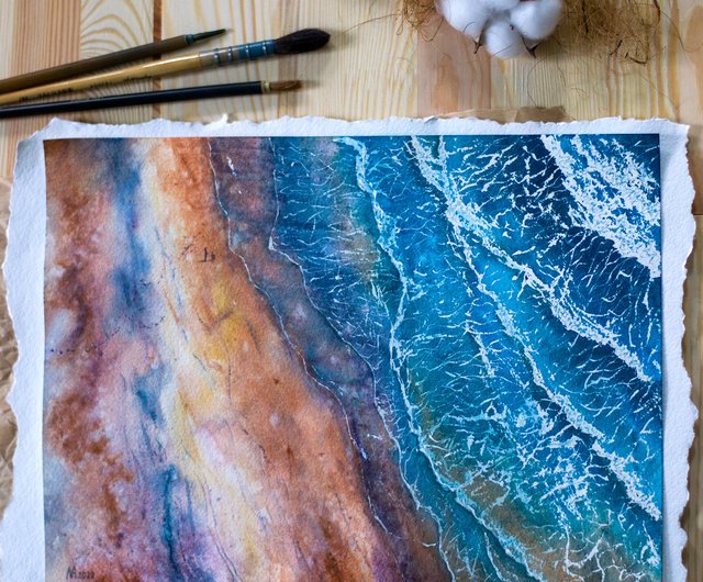 Seawaves オリジナルの水彩画のビーチの絵 海景のアートワーク Ocean