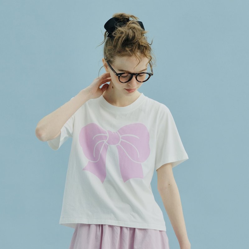 粉色蝴蝶結白色短袖棉T恤 / T-shirt 上衣 - 女 T 恤 - 棉．麻 白色