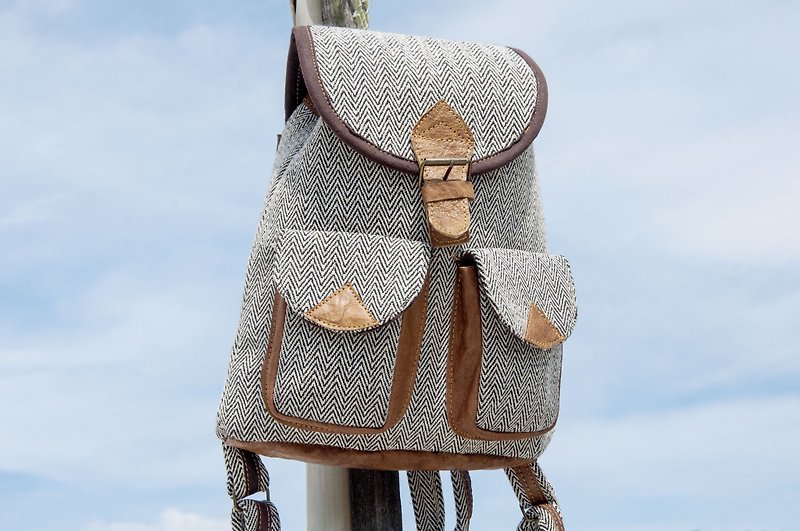 Leather stitching design backpack boho shoulder bag national wind mountaineering bag patch cloth - cotton and linen hills - Backpacks - Genuine Leather Multicolor