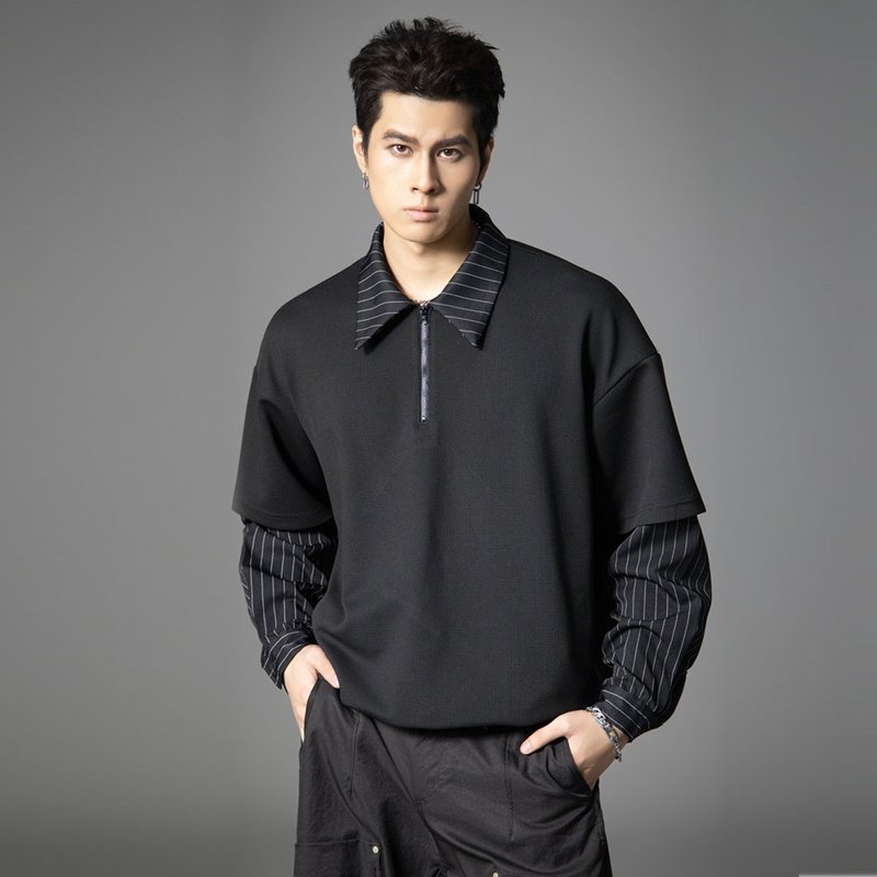 秋季襯衫領拼接條紋衛衣  男士假兩件休閑上衣 - 男襯衫/休閒襯衫 - 其他材質 黑色