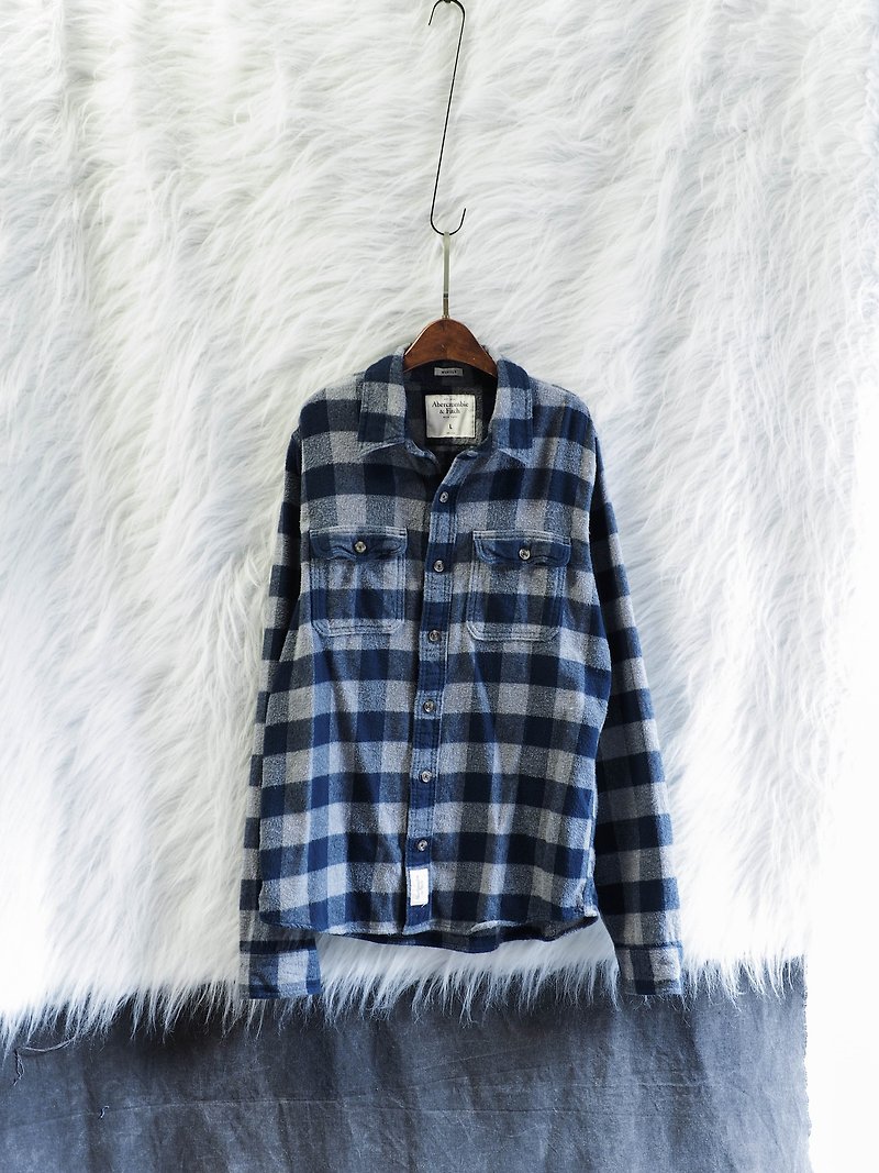 a&f blue classic youth checkered love day log antique cotton shirt jacket coat vintage - เสื้อเชิ้ตผู้หญิง - ผ้าฝ้าย/ผ้าลินิน สีน้ำเงิน