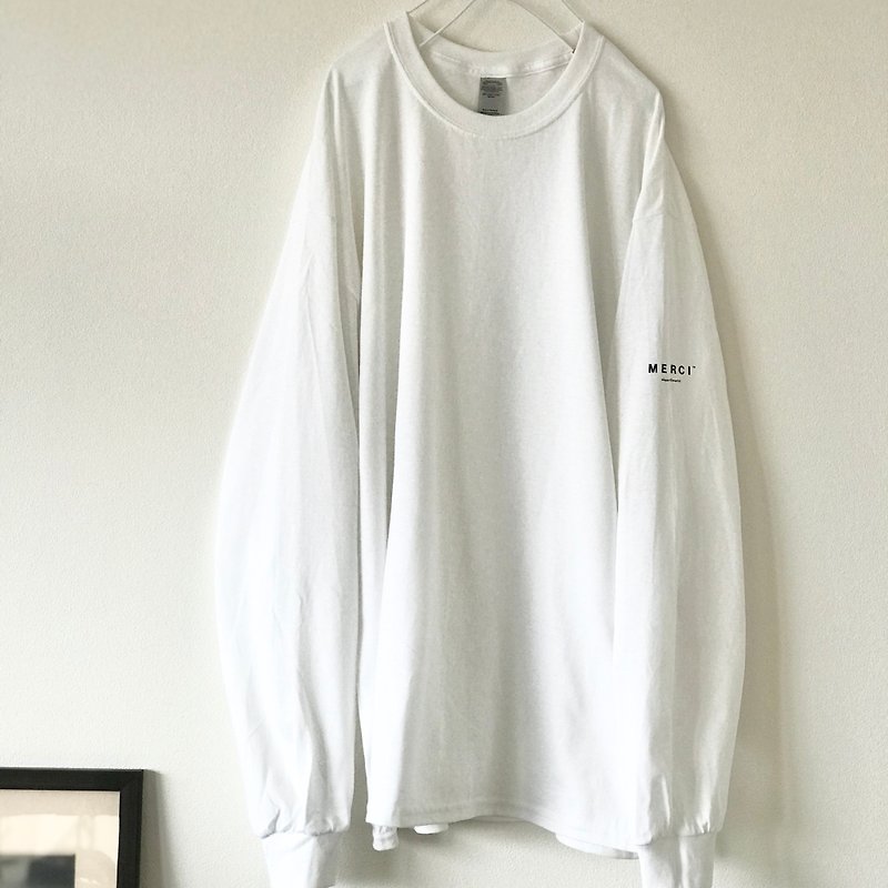 Long sleeve T-shirt / MERCI / white / big silhouette - เสื้อฮู้ด - ผ้าฝ้าย/ผ้าลินิน ขาว