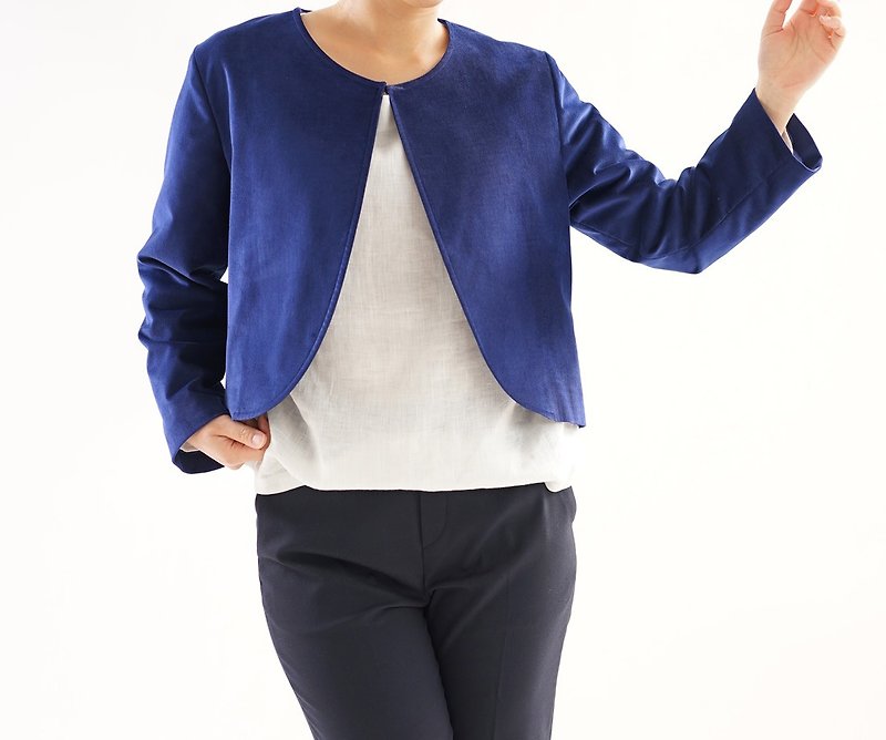 Velveteen round neck Bolero jacket  Cupra lined / Blue/ b5-24 - 女大衣/外套 - 其他材質 藍色