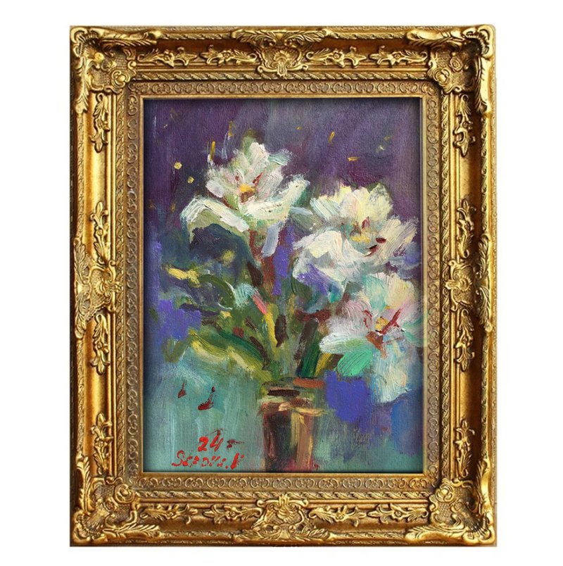 Flower Floral Original Painting Flower Nature Handmade art decor antique - Wall Décor - Other Materials Blue