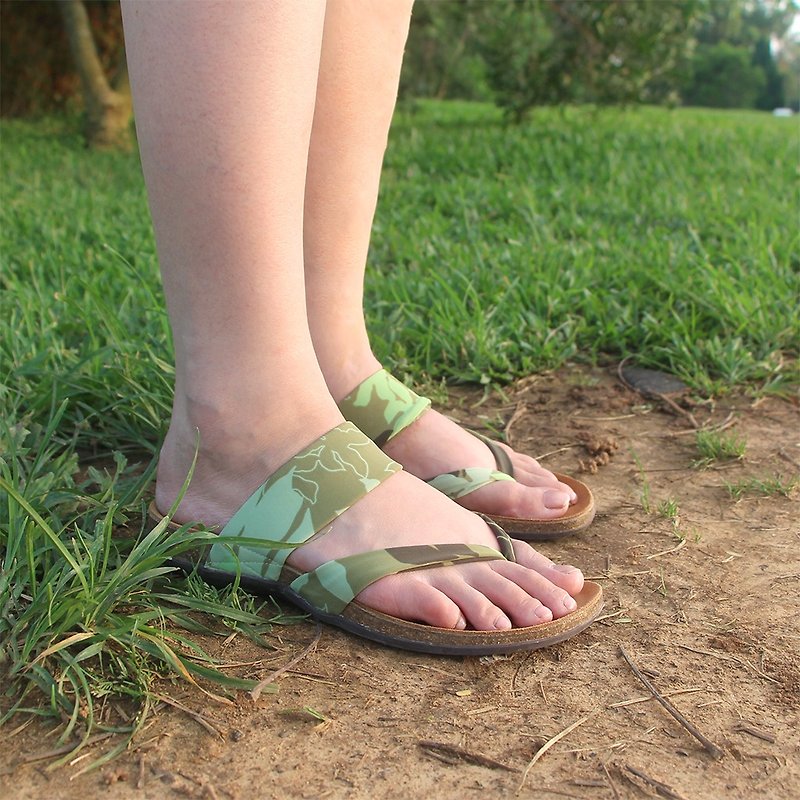 【Flip Flop Green Leaves】Lycra Flip Flop/ Leather insole - Sandals - Genuine Leather Green