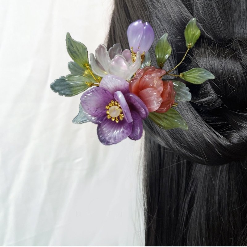 古風琉璃系列【幸福花嫁】~捧花造型髮簪 - 髮夾/髮圈 - 琉璃 多色
