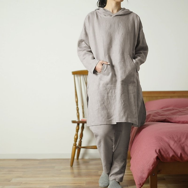 M size - Midweight Linen Hoodie Lounge-wear Set Matching/Ash Pearl r014a-asp2-L - 睡衣/家居服 - 亞麻 灰色