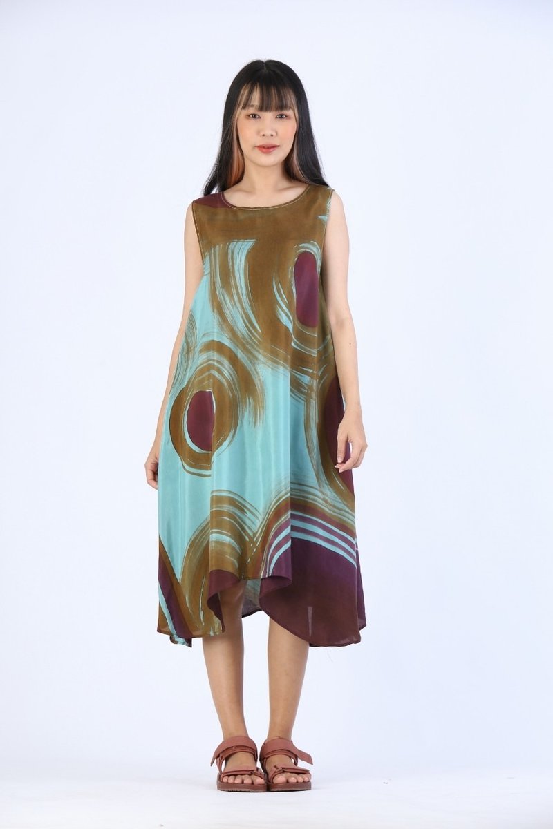 Dress Hand Paint Soft Cotton Silk for Yoga Vacation Holidays - 洋裝/連身裙 - 棉．麻 綠色
